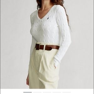 Polo Ralf Lauren  white V neck Cable knite long sleeve sweater
